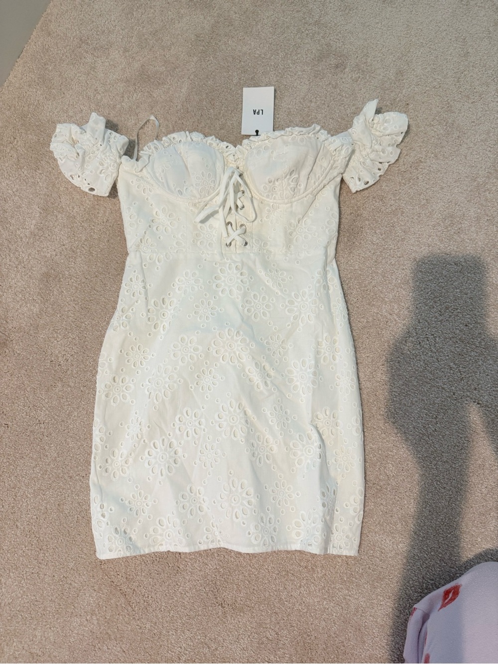 LPA Off-Shoulder White Eyelet Lace-Up Mini Dress